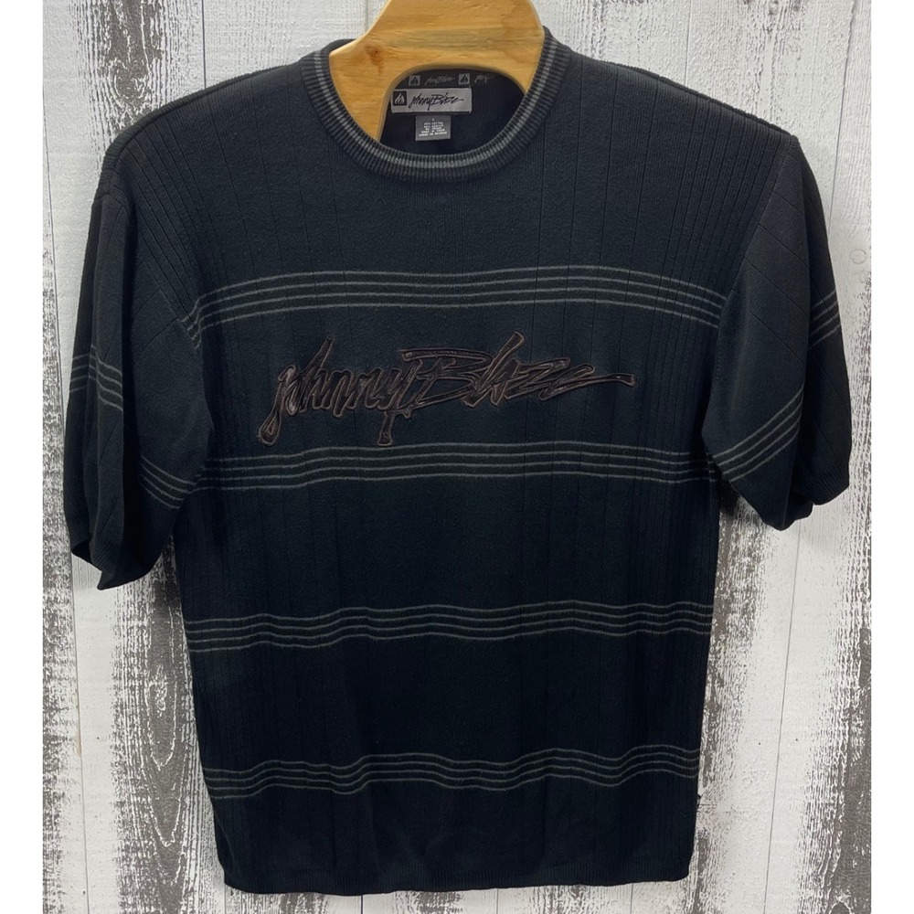 Johnny Blaze Mens L Black Knit‎ Shirt Embroidered Logo Y2K Streetwear